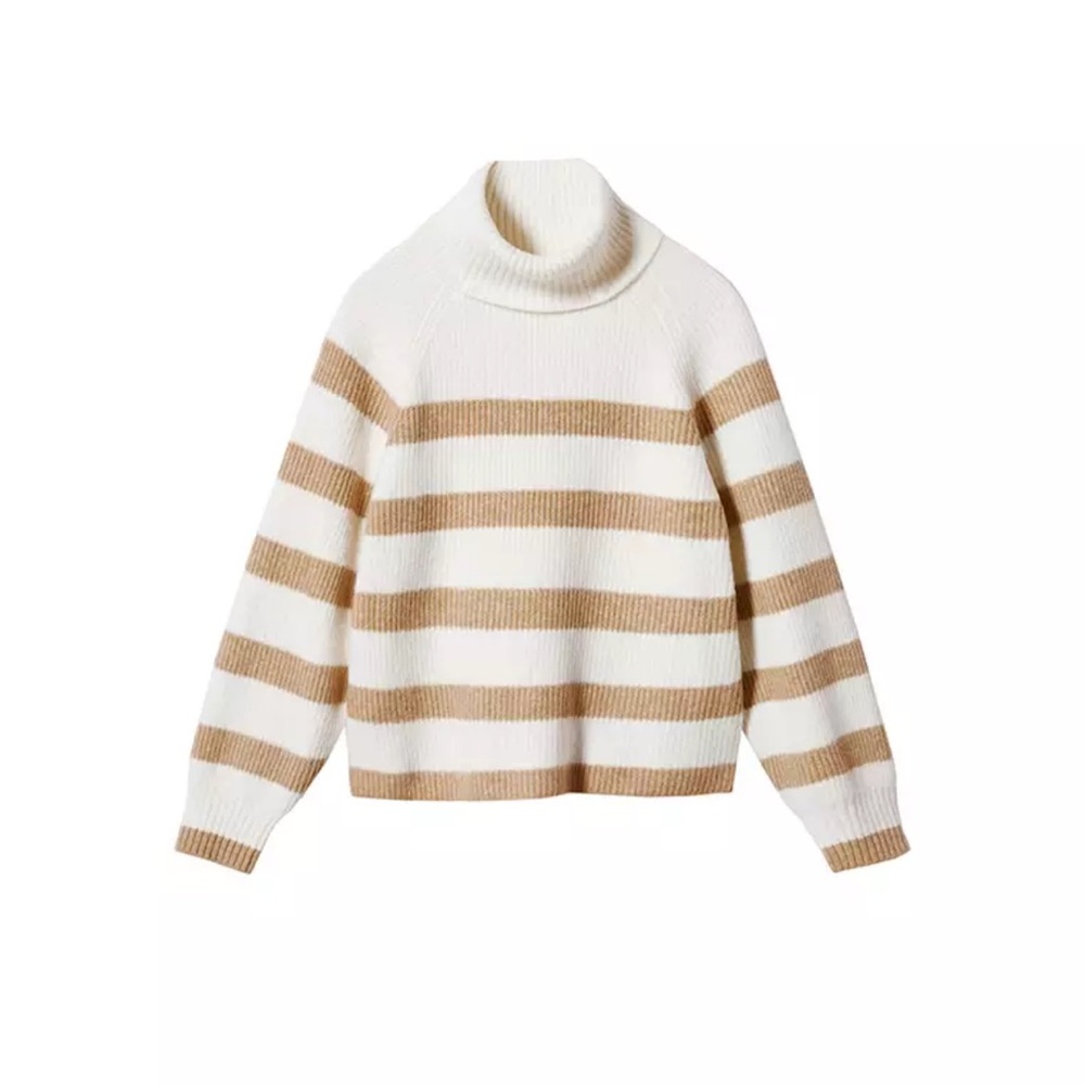 Mango White and Tan Striped Turtleneck Sweater